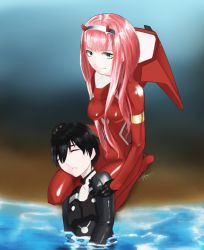 Rule 34 | 10s, 1boy, 1girl, black bodysuit, black gloves, black hair, bodysuit, breasts, couple, darling in the franxx, closed eyes, gloves, green eyes, hair ornament, hairband, hand on another&#039;s arm, hand on another&#039;s head, highres, hiro (darling in the franxx), horns, long hair, looking at another, lying on lap, lying on person, oni horns, pilot suit, pink hair, red bodysuit, red horns, short hair, signature, silenxe, white hairband, zero two (darling in the franxx)