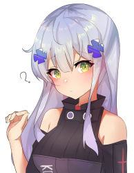 Rule 34 | 1girl, ?, bare shoulders, black shirt, blush, closed mouth, clothing cutout, commentary, fingernails, girls&#039; frontline, green eyes, hair between eyes, hair ornament, hand up, highres, hk416 (girls&#039; frontline), long hair, meow nyang, purple hair, shirt, short sleeves, shoulder cutout, simple background, solo, upper body, white background