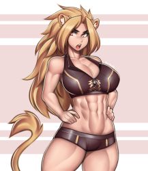 Rule 34 | 1girl, abs, absurdres, animal ears, bad id, bad twitter id, blonde hair, breasts, brown eyes, cleavage, collarbone, commission, hands on own hips, highres, large breasts, lion ears, lion girl, lion tail, long hair, looking at viewer, messy hair, midriff, muscular, muscular female, navel, open mouth, original, roadi3, short shorts, shorts, simple background, solo, sports bra, tail, thick thighs, thighs