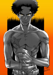 Rule 34 | 1boy, abs, black hair, brown eyes, collarbone, dated, egg (cknlun), facial scar, joe (megalo box), looking at viewer, male focus, megalo box, nipples, nose tape, pectorals, scar, scar on arm, scar on cheek, scar on face, solo, standing, thick eyebrows, toned, topless male, upper body