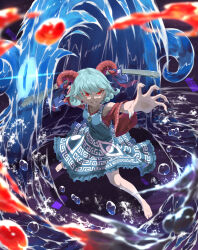 Rule 34 | barefoot, blood, blue dress, claw pose, curly hair, detached sleeves, dress, earrings, fighting stance, highres, holding, holding spork, horn ornament, horn ribbon, horns, jewelry, meandros, otomeza ryuseigun, oversized object, patterned clothing, pointy ears, red eyes, red horns, red sleeves, ribbon, sharp teeth, sheep horns, spork, teeth, touhou, toutetsu yuuma, utensil, water, white hair