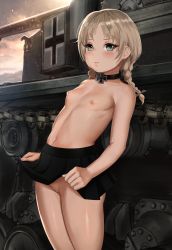 Rule 34 | 1girl, absurdres, ahoge, black skirt, blush, breasts, choker, cleft of venus, clothes lift, cross, evening, germany, green eyes, highres, iron cross, light brown hair, looking at viewer, military, military vehicle, motor vehicle, naked skirt, nipples, original, otto, ottofoxhole, panzer iv, pussy, ribbon panties, skirt, skirt lift, sky, small breasts, string bra, tank, twintails, uncensored