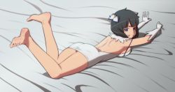 Rule 34 | 10s, 1girl, :t, ass, back, backless outfit, bare legs, barefoot, black hair, blue eyes, breasts, dress, dungeon ni deai wo motomeru no wa machigatteiru darou ka, feet, gloves, hestia (danmachi), large breasts, legs, legs up, lying, meteorreb0rn, on stomach, pout, rei no himo, sideboob, toes, twintails
