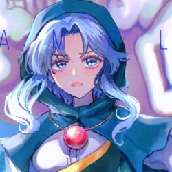 Rule 34 | 1girl, blue dress, blue eyes, blue hair, blush, breasts, buttons, dress, english text, hood, jewelry, kumoi ichirin, long sleeves, looking away, medium breasts, medium hair, necklace, open mouth, sidelocks, solo, touhou, touhouproject16, unzan, upper body, white dress