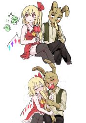 Rule 34 | 1boy, 1girl, adapted costume, animal ears, bare shoulders, black thighhighs, blonde hair, blush, chibi, chibi inset, cropped legs, crossed legs, crystal, dress, feet out of frame, flandre scarlet, flippy (happy tree friends), food, food in mouth, frilled shirt collar, frills, furry, hair ribbon, happy tree friends, highres, himuhino, komeiji koishi, medium hair, multiple views, no headwear, nose blush, one side up, parted lips, popsicle, popsicle in mouth, rabbit ears, red dress, red eyes, red ribbon, ribbon, scar, sexually suggestive, sharp teeth, simple background, sitting, sleeveless, sleeveless dress, slit pupils, steam, sweat, teeth, thighhighs, touhou, vest, white background, wing collar, wings
