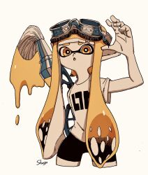 Rule 34 | 1girl, arm up, artist name, bike shorts, blonde hair, blunt bangs, bright pupils, cowboy shot, cropped legs, dripping, eyewear on head, female focus, flat chest, goggles, grey-framed eyewear, highres, holding, holding weapon, ink, inkbrush (splatoon), inkling, inkling girl, inkling player character, long hair, looking at viewer, matching hair/eyes, nintendo, open mouth, pale skin, pointy ears, shirt, shogo (shogo70449442), short sleeves, sidelocks, signature, simple background, solo, splatoon (series), standing, suction cups, tentacle hair, tentacles, twintails, very long hair, weapon, white background, white pupils, white shirt, yellow eyes