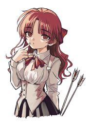 Rule 34 | 1girl, arrow (projectile), collared shirt, cropped torso, finger to cheek, hair ribbon, highres, long hair, looking at viewer, neck ribbon, ngron027, parted lips, pleated skirt, red eyes, red hair, red ribbon, ribbon, sayonara wo oshiete, shirt, simple background, sketch, skirt, solo, ueno koyori, underbust, vest, wavy hair, white background, white shirt