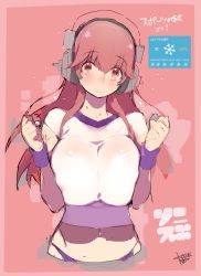 Rule 34 | 1girl, blush, breasts squeezed together, breasts, buruma, female focus, gym uniform, headphones, highres, huge breasts, impossible clothes, impossible shirt, large breasts, long hair, looking at viewer, namaniku atk, navel, nitroplus, pink hair, red eyes, see-through, shirt, smile, solo, super sonico