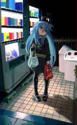 Rule 34 | 1girl, absurdres, ahoge, alternate costume, bag, bags under eyes, black footwear, black nails, black shirt, black skirt, blue hair, boots, can, chromatic aberration, closed mouth, commentary, doritos, dot mouth, energy drink, english commentary, expressionless, full body, goth fashion, green eyes, hair between eyes, highres, holding, holding bag, irreligiositat, izumi konata, long hair, long sleeves, looking to the side, lucky star, mole, mole under eye, monster energy, nail polish, night, outdoors, plaid, plaid skirt, plastic bag, print shirt, shirt, shopping bag, sidelocks, skirt, solo, spiked footwear, standing, thigh boots, tile floor, tiles, vending machine, very long hair