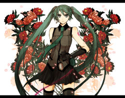 Rule 34 | bad id, bad pixiv id, buzz (moi), earrings, elbow gloves, flower, gloves, green eyes, green hair, hatsune miku, headset, jewelry, letterboxed, long hair, necktie, skirt, solo, thighhighs, twintails, very long hair, vocaloid