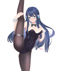 Rule 34 | 1girl, alternate costume, arknights, astesia (arknights), bad id, bad pixiv id, bare arms, bare shoulders, black bow, black bowtie, black pantyhose, blue eyes, blue hair, blush, bow, bowtie, breasts, chinese commentary, cleavage, commentary request, detached collar, hair intakes, hands up, large breasts, leg up, leotard, lingshalan, long hair, looking at viewer, nose blush, pantyhose, parted lips, playboy bunny, sidelocks, simple background, smile, solo, split, standing, standing on one leg, standing split, strapless, strapless leotard, thigh strap, thighs, very long hair, white background, wrist cuffs