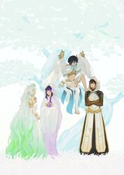 Rule 34 | 2boys, 2girls, :d, :|, absurdly long hair, aqua hair, arm tattoo, bare shoulders, black hair, braid, bridal gauntlets, capelet, closed mouth, coat, commentary request, crop top, crossed arms, dress, feathered wings, full body, genshin impact, gradient hair, green eyes, green hair, hair between eyes, hair ornament, highres, hood, hooded capelet, hooded coat, in tree, leaf hair ornament, long hair, looking at another, makoto (genshin impact), midriff, multicolored hair, multiple boys, multiple girls, open mouth, oroshi 122, pointy ears, purple eyes, purple hair, rukkhadevata (genshin impact), shorts, single thighhigh, sitting, sitting in tree, smile, standing, strapless, strapless dress, tattoo, thighhighs, toes, tree, venti (archon) (genshin impact), venti (genshin impact), very long hair, white coat, white dress, white hair, white shorts, white thighhighs, white wings, wings, yellow eyes, zhongli (archon) (genshin impact), zhongli (genshin impact)