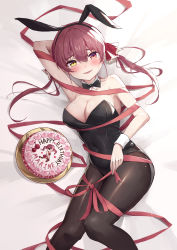 Rule 34 | 1girl, absurdres, alternate costume, animal ears, arm behind head, arm up, armpits, bare shoulders, bed sheet, birthday cake, black bow, black bowtie, black leotard, black pantyhose, blush, bound, bow, bowtie, breasts, cake, cherry, cleavage, covered navel, food, fruit, hair ribbon, happy birthday, heterochromia, highres, hololive, houshou marine, large breasts, leotard, long hair, lying, on back, orenji (user fknw7775), pantyhose, parted lips, playboy bunny, rabbit ears, raised eyebrows, red eyes, red hair, red ribbon, ribbon, ribbon bondage, smile, solo, strawberry, sweat, thighs, twintails, virtual youtuber, wrist cuffs, yellow eyes