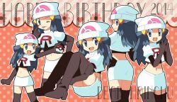 Rule 34 | 2014, 5girls, :d, ;p, akanbe, back, ball, beanie, black footwear, blue eyes, blue hair, boots, breasts, brown background, creatures (company), dadadanoda, dawn (pokemon), diagonal stripes, english text, eyelid pull, floral background, game freak, hair ornament, hand on own hip, happy, happy birthday, hat, holding, holding ball, holding poke ball, long hair, looking at viewer, midriff, miniskirt, multiple girls, multiple views, nintendo, one eye closed, open mouth, outline, pencil skirt, pink background, poke ball, poke ball (basic), pokemon, pokemon (anime), pokemon dppt (anime), polka dot, polka dot background, shirt, sitting, skirt, small breasts, smile, spread legs, standing, steepled fingers, stomach, striped, striped background, team rocket, team rocket uniform, thigh boots, thighhighs, tongue, tongue out, white hat, white outline, white shirt, white skirt, zettai ryouiki
