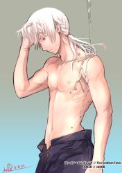 Rule 34 | 1boy, abs, bad id, bad twitter id, bare pectorals, character name, copyright name, fire emblem, fire emblem fates, fire emblem heroes, grey hair, jakob (fire emblem), kero sweet, long hair, low ponytail, male focus, nintendo, nipples, pectorals, ponytail, purple eyes, simple background, solo, white hair