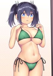 Rule 34 | 1girl, absurdres, bare arms, bare legs, bare shoulders, bikini, blue eyes, blue hair, blush, breasts, collarbone, cowboy shot, green bikini, grin, hair between eyes, highres, kantai collection, kuromayu, large breasts, long hair, navel, open mouth, side-tie bikini bottom, smile, solo, souryuu (kancolle), swimsuit, textless version, twintails
