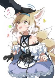 Rule 34 | 1boy, 1girl, 1other, 2others, absurdres, animal ears, arknights, bag, bare shoulders, beamed eighth notes, black gloves, blonde hair, blue hairband, braid, doctor (arknights), drawdrawdeimos, dress, fox ears, fox girl, fox tail, frilled dress, frills, gloves, green eyes, hair rings, hairband, headpat, highres, infection monitor (arknights), kitsune, material growth, multicolored hair, multiple others, multiple tails, musical note, oripathy lesion (arknights), pantyhose, simple background, single glove, smile, spoken musical note, suzuran (arknights), tail, white background