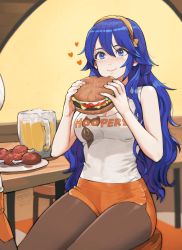 Rule 34 | 2girls, alternate costume, beer mug, blue eyes, blue hair, blush, brand name imitation, breasts, brown legwear, burger, chicken (food), cleavage, closed mouth, commentary, commission, cowboy shot, crossover, cup, eating, eyelashes, fire emblem, fire emblem awakening, food, hair between eyes, hairband, heart, highres, holding, holding food, hooters, jun (navigavi), long hair, lucina (fire emblem), medium breasts, mug, multiple girls, nintendo, orange shorts, pantyhose, plate, short shorts, shorts, sitting, skeb commission, sleeveless, smile, solo focus, stool, symbol-shaped pupils, table, tank top, taut clothes, wavy hair, white tank top