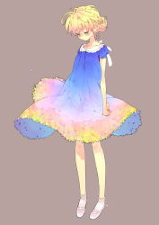 Rule 34 | 1girl, ankle socks, arms behind back, blonde hair, blue skirt, blush, brown background, collar, commentary request, dress, frilled dress, frilled shirt collar, frills, full body, gradient clothes, gradient dress, hair bun, looking down, mary janes, multicolored clothes, multicolored skirt, original, petticoat, pink footwear, puffy short sleeves, puffy sleeves, revision, see-through, shoes, short sleeves, signature, simple background, single hair bun, skirt, smile, socks, solo, standing, star (symbol), star print, toujou sakana, yellow skirt