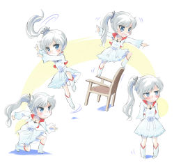 Rule 34 | 1girl, blue eyes, blush, chair, chibi, dress, highres, iesupa, jumping, long hair, looking to the side, motion lines, multiple views, open mouth, pointing, ponytail, rwby, shadow, standing, weiss schnee, white hair