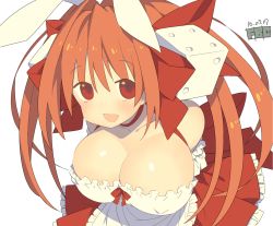 Rule 34 | 1girl, animal ears, bare shoulders, blush, bow, breasts, rabbit ears, cleavage, di gi charat, dice, dice hair ornament, dress, fbc, hair bow, large breasts, long hair, looking at viewer, pink eyes, pink hair, red eyes, ribbon, smile, solo, twintails, usada hikaru