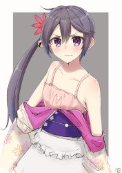 Rule 34 | 10s, 1girl, akebono (kancolle), bad id, bad twitter id, bell, blush, camisole, flower, hair bell, hair flower, hair ornament, japanese clothes, jingle bell, kantai collection, kimono, nayuhi (yukimuu14), purple eyes, purple hair, side ponytail, solo