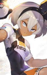 Rule 34 | 1girl, absurdres, bea (pokemon), black bodysuit, black hairband, blue eyes, bodysuit, bodysuit under clothes, closed mouth, collared shirt, commentary request, covered navel, creatures (company), dark-skinned female, dark skin, eyelashes, frown, game freak, glint, gloves, grey hair, gym leader, hair between eyes, hairband, highres, holding, holding poke ball, looking at viewer, nakamura eight, nintendo, poke ball, pokemon, pokemon swsh, print shirt, print shorts, shirt, short hair, short sleeves, shorts, solo, tied shirt, ultra ball