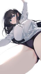 Rule 34 | 1girl, ahonoko, black hair, bloomers, blue eyes, breasts, commentary request, highres, ikaruga (senran kagura), large breasts, long hair, long sleeves, looking down, outstretched arms, pale skin, senran kagura, shirt, shorts, smile, sweater, teeth, thighs, underwear, white background, white shirt