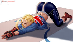 Rule 34 | 1girl, ass, asymmetrical gloves, blonde hair, blue eyes, blue jacket, boots, british flag, cammy white, gloves, huge ass, jacket, lejeanx3, pants, patreon username, presenting, scar, scar on face, short hair, simple background, street fighter, street fighter 6, stretching, tight clothes, tight pants, top-down bottom-up, yoga pants