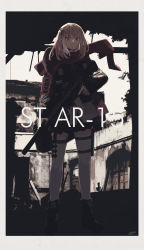 Rule 34 | 1girl, absurdres, assault rifle, black footwear, black skirt, blue eyes, boots, character name, closed mouth, full body, girls&#039; frontline, gun, highres, holding, holding gun, holding weapon, jacket, kanoe (kanoe502), long hair, looking at viewer, pink hair, red scarf, rifle, scarf, skirt, solo, st ar-15 (girls&#039; frontline), standing, thighhighs, weapon, white thighhighs