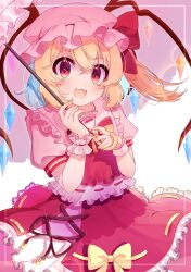 Rule 34 | 1girl, blonde hair, blush, crystal, fang, flandre scarlet, hair between eyes, hat, highres, holding, holding umbrella, kudamono25253, long hair, mob cap, open mouth, puffy short sleeves, puffy sleeves, red eyes, red skirt, red vest, short sleeves, skirt, smile, solo, touhou, umbrella, vest, white hat, wings