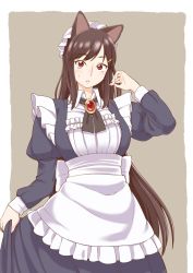 Rule 34 | 1girl, alternate costume, animal ears, apron, beige background, blue dress, blush, breasts, brooch, brown hair, collared shirt, commentary request, cowboy shot, dress, dress grab, enmaided, frilled apron, frills, hair ornament, hairclip, hand in own hair, hat, imaizumi kagerou, jewelry, large breasts, long hair, long sleeves, looking at viewer, maid, maid cap, mob cap, parted lips, pink lips, poronegi, puffy long sleeves, puffy sleeves, red eyes, ribbon, shirt, sidelocks, simple background, solo, sweatdrop, swept bangs, touhou, very long hair, waist apron, wolf ears