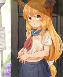 Rule 34 | 1girl, blue sailor collar, blue skirt, blush, bow, brown hair, brown ribbon, bus stop, closed mouth, commentary request, covered erect nipples, day, fang, fang out, flat chest, flower, hair bow, highres, horn ornament, horn ribbon, horns, hydrangea, ibuki suika, long hair, looking at viewer, low-tied long hair, neckerchief, nishiuri, no bra, outdoors, pleated skirt, pointy ears, purple flower, rain, red bow, red eyes, red neckerchief, ribbon, sailor collar, school uniform, see-through, serafuku, shirt, short sleeves, sidelocks, skirt, solo, steepled fingers, touhou, v-shaped eyebrows, very long hair, wet, wet clothes, wet hair, wet shirt, white shirt