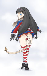 Rule 34 | 1girl, anal, anal tail, artist request, ass, blue eyes, butt plug, clothing aside, coat, fake tail, gloves, grin, highres, lessar, looking back, panties, panties aside, red panties, sex toy, side-tie panties, simple background, skirt, smile, solo, striped clothes, striped thighhighs, tail, thighhighs, toaru majutsu no index, underwear