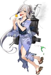 Rule 34 | 1girl, ahoge, angry, asashimo (kancolle), asashimo kai ni (kancolle), biting, blue kimono, braid, candy, collarbone, defeat, fangs, food, fujikawa, full body, grey hair, hair over one eye, japanese clothes, kantai collection, kimono, lollipop, long hair, machinery, official art, open mouth, ponytail, rigging, sandals, sharp teeth, smile, smoke, solo, teeth, third-party source, torn clothes, transparent background, turret, yukata