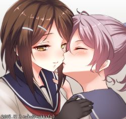Rule 34 | 2girls, aoba (kancolle), black gloves, blue sailor collar, brown hair, closed eyes, commentary request, furutaka (kancolle), gloves, glowing, glowing eye, heterochromia, highres, imminent kiss, kantai collection, messy hair, multiple girls, neckerchief, nuka (nvkka), one-hour drawing challenge, pink hair, ponytail, purple sailor collar, red neckerchief, sailor collar, school uniform, scrunchie, serafuku, short hair, translation request, upper body, yellow eyes, yuri