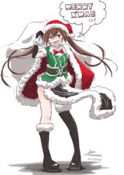 Rule 34 | 1girl, aaoi, black gloves, bow, bowtie, brown hair, cape, elbow gloves, fake facial hair, fake mustache, full body, fur-trimmed cape, fur-trimmed headwear, fur trim, gloves, green shirt, hair between eyes, hair ribbon, hat, kantai collection, long hair, looking at viewer, merry christmas, pelvic curtain, red bow, red bowtie, red cape, red hat, ribbon, sack, santa hat, shirt, simple background, single elbow glove, single thighhigh, solo, standing, thighhighs, tone (kancolle), tone kai ni (kancolle), twintails, white background, white ribbon