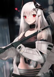 Rule 34 | 1girl, absurdres, arknights, bare shoulders, black collar, black gloves, black tank top, breasts, cleavage, collar, demon horns, gloves, grey hair, hair ornament, hammer, highres, horns, infection monitor (arknights), long hair, material growth, medium breasts, mudrock (arknights), oripathy lesion (arknights), red eyes, solo, sweat, tank top