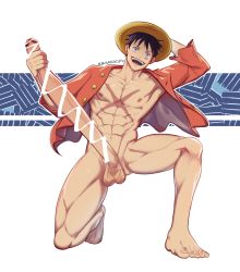 Rule 34 | 1boy, abs, bar censor, bara, black hair, body hair, censored, commission, flaccid, full body, hand on penis, hat, highres, huge penis, kimakkun, male focus, monkey d. luffy, muscular, naked shirt, navel, nipples, one piece, pectorals, penis, penis grab, penis growth, scar, scar on chest, shirt, short hair, solo, straw hat, testicles, thick thighs, thighs, thumbs up