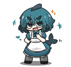 Rule 34 | +++, 1girl, :d, alternate costume, apron, black footwear, blue dress, blue eyes, blue hair, blush, chibi, collared dress, commentary request, dress, enmaided, fins, fish tail, fuka-chan, full body, grey pantyhose, hair between eyes, heart, highres, looking at viewer, maid, maid apron, open mouth, original, pantyhose, puffy short sleeves, puffy sleeves, shadow, shark tail, sharp teeth, shoes, short eyebrows, short sleeves, simple background, smile, solo, sparkle, standing, tail, teeth, thick eyebrows, uni souchou, white apron, white background