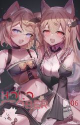 Rule 34 | 2girls, absurdres, animal ear fluff, animal ears, black collar, blonde hair, blue eyes, blue hair, breasts, collar, cosplay, dog ears, dog girl, fang, flat chest, fuwawa abyssgard, hair ornament, highres, hololive, hololive english, long hair, medium breasts, mococo abyssgard, multicolored hair, multiple girls, navel, open mouth, perroccino (fuwamoco), pink eyes, pink hair, siblings, sisters, skin fang, sobbi11, streaked hair, twins, virtual youtuber, yozora mel, yozora mel (2nd costume), yozora mel (5th costume), yozora mel (cosplay)