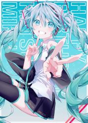 Rule 34 | 1girl, aqua necktie, black skirt, black sleeves, black thighhighs, blue eyes, blue hair, character name, collared shirt, detached sleeves, dress shirt, floating hair, grin, hair between eyes, hair ornament, hatsune miku, headphones, headset, highres, index finger raised, long hair, long sleeves, looking at viewer, microphone, miniskirt, necktie, pleated skirt, shirt, skirt, sleeveless, sleeveless shirt, smile, solo, thighhighs, twintails, v, very long hair, vickyycy99, vocaloid, white shirt, wing collar, zettai ryouiki