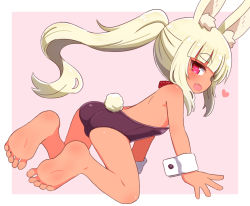 Rule 34 | 1girl, :d, animal ear fluff, animal ears, ass, bare legs, bare shoulders, barefoot, blonde hair, blunt bangs, blush, etrian odyssey, fang, heart, heart-shaped pupils, highres, leotard, long hair, looking at viewer, looking back, masurao 2 (sekaiju), naga u, open mouth, pink background, ponytail, profile, purple eyes, purple leotard, rabbit ears, rabbit girl, rabbit tail, sekaiju no meikyuu, sekaiju no meikyuu 5, short eyebrows, smile, soles, solo, strapless, strapless leotard, symbol-shaped pupils, tail, thick eyebrows, two-tone background, very long hair, white background, wrist cuffs