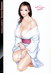 Rule 34 | 1girl, action pizazz, breasts, brown eyes, brown hair, cleavage, collarbone, fingernails, full body, highres, huge breasts, izayoi seishin, japanese clothes, kimono, kneeling, large breasts, lips, looking at viewer, mature female, mole, mole under eye, sandals, simple background, solo, text focus, undressing, white background