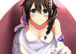 Rule 34 | 10s, 1boy, 1girl, absurdres, admiral (kancolle), akechi shizuku, blue eyes, braid, breasts, brown hair, dress, elbow gloves, gloves, hair ornament, hairclip, highres, jewelry, kantai collection, long hair, medium breasts, necklace, personification, shigure (kancolle), single braid, smile, solo focus, wedding dress