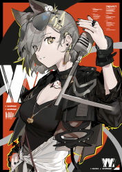 Rule 34 | 1girl, absurdres, animal ears, arknights, artist name, black jacket, black nails, black shirt, breasts, cleavage, cleavage cutout, clothing cutout, collar, cropped jacket, ear piercing, earrings, eyes visible through hair, eyewear on head, gohanduck, grey eyes, grey hair, hand on own hip, hand up, highres, jacket, jewelry, long sleeves, looking at viewer, medium breasts, microphone, open clothes, open jacket, penance (arknights), pendant, piercing, ring, shirt, short hair, smile, solo, stud earrings, sunglasses, upper body, wolf ears, wolf girl
