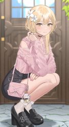 Rule 34 | 1girl, alternate costume, aran sweater, bag, black choker, black footwear, black skirt, blonde hair, blurry, blurry background, blush, breasts, cable knit, choker, closed mouth, clothing cutout, contemporary, door, flower, frilled socks, frills, full body, genshin impact, hair between eyes, hair flower, hair ornament, handbag, high heels, highres, jewelry, charm (object), legs together, long hair, looking at viewer, lumine (genshin impact), medium breasts, miniskirt, multiple rings, paimon (genshin impact), pencil skirt, pink sweater, ring, shoulder cutout, skirt, sleeves past wrists, smile, socks, solo, squatting, sutochan, sweater, sweater tucked in, twintails, white socks, yellow eyes