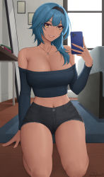 Rule 34 | 1girl, bare shoulders, black hairband, black shorts, blue hair, blush, breasts, brown eyes, cellphone, cleavage, collarbone, contemporary, cutoffs, denim, denim shorts, eula (genshin impact), genshin impact, grey shirt, grin, hairband, highres, holding, holding phone, jewelry, kneeling, large breasts, long sleeves, looking at viewer, medium hair, midriff, navel, necklace, off-shoulder shirt, off shoulder, phone, ring, selfie, shirt, short shorts, shorts, sidelocks, smartphone, smile, solo, thighs, zaphn