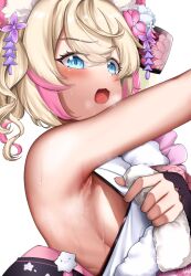 Rule 34 | 1girl, absurdres, arm up, armpits, backboob, bare shoulders, blonde hair, blue eyes, blush, breasts, dog girl, flower, hair between eyes, hair flower, hair ornament, highres, hololive, hololive english, japanese clothes, kimono, looking at viewer, medium breasts, mococo abyssgard, mococo abyssgard (new year), multicolored hair, open mouth, pink hair, short hair, sideboob, sideless kimono, simple background, sleeveless, sleeveless kimono, solo, streaked hair, sweat, twintails, two-tone hair, upper body, virtual youtuber, white background, zikryzero