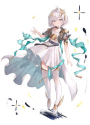 Rule 34 | 1girl, black choker, black jacket, boots, choker, cropped jacket, dress, eyebrows hidden by hair, full body, granblue fantasy, grey eyes, grey hair, hair between eyes, hand up, highres, jacket, looking at viewer, open clothes, open jacket, pleated dress, shiwa (siwaa0419), short hair, short sleeves, solo, thigh boots, thighhighs, white background, white dress, white footwear, white thighhighs, yuni (granblue fantasy)